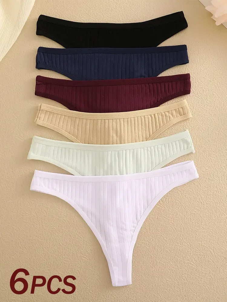 6 pièces/ensemble femmes coton tongs culottes femme côtelé taille basse string dames Sexy Bikini 7 couleur unie fille doux S-XL intimes