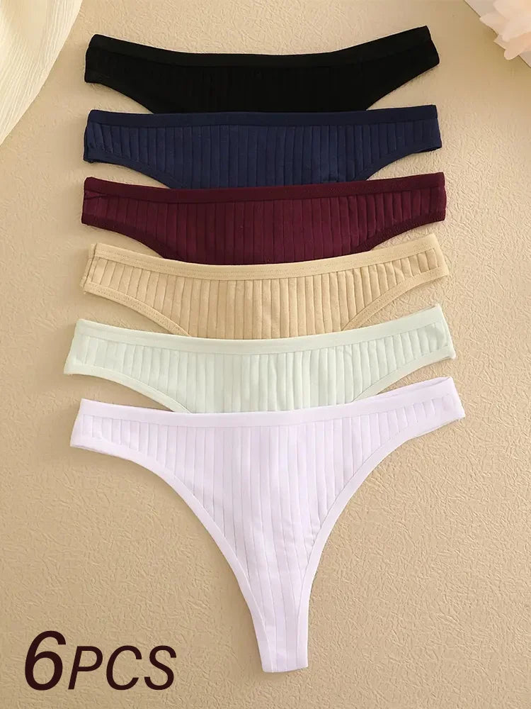 6 pièces/ensemble femmes coton tongs culottes femme côtelé taille basse string dames Sexy Bikini 7 couleur unie fille doux S-XL intimes