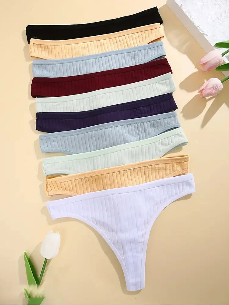 6 pièces/ensemble femmes coton tongs culottes femme côtelé taille basse string dames Sexy Bikini 7 couleur unie fille doux S-XL intimes