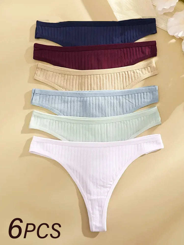 6 pièces/ensemble femmes coton tongs culottes femme côtelé taille basse string dames Sexy Bikini 7 couleur unie fille doux S-XL intimes