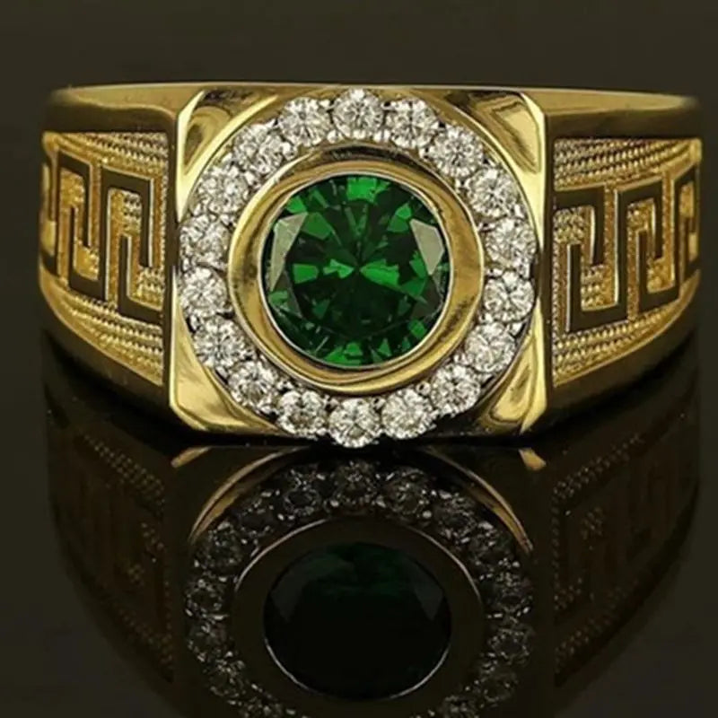 Bague classique couleur or pour hommes, luxueusement incrustée de pierre verte, bague de fête de mariage, cadeau d'anniversaire