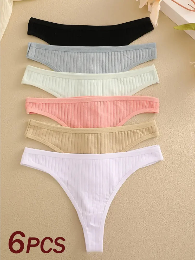 6 pièces/ensemble femmes coton tongs culottes femme côtelé taille basse string dames Sexy Bikini 7 couleur unie fille doux S-XL intimes