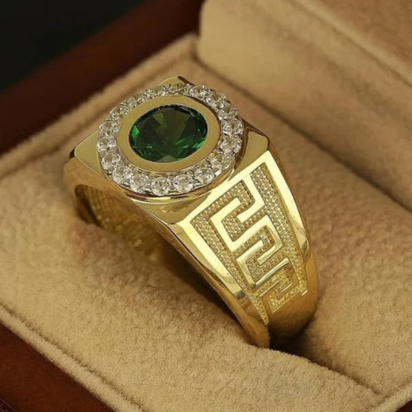 Bague classique couleur or pour hommes, luxueusement incrustée de pierre verte, bague de fête de mariage, cadeau d'anniversaire