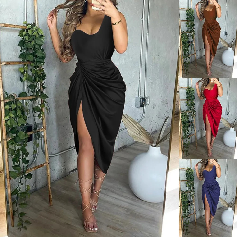 AliExpress – robe de soirée froncée à une épaule pour femmes, couleur unie, sexy, fendue, transfrontalière européenne et américaine, 2024