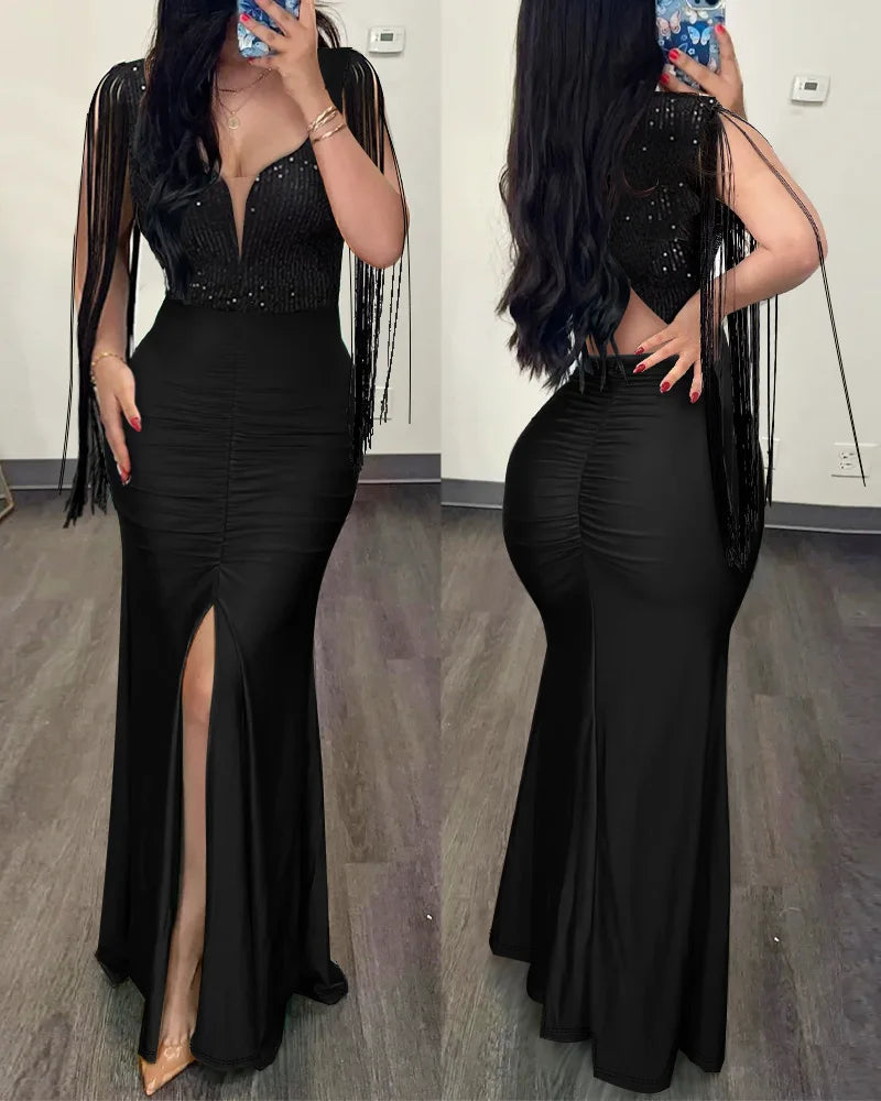 Robe de soirée plissée à col rond pour femme, robe sexy enveloppée de perles, manches frangées, mode