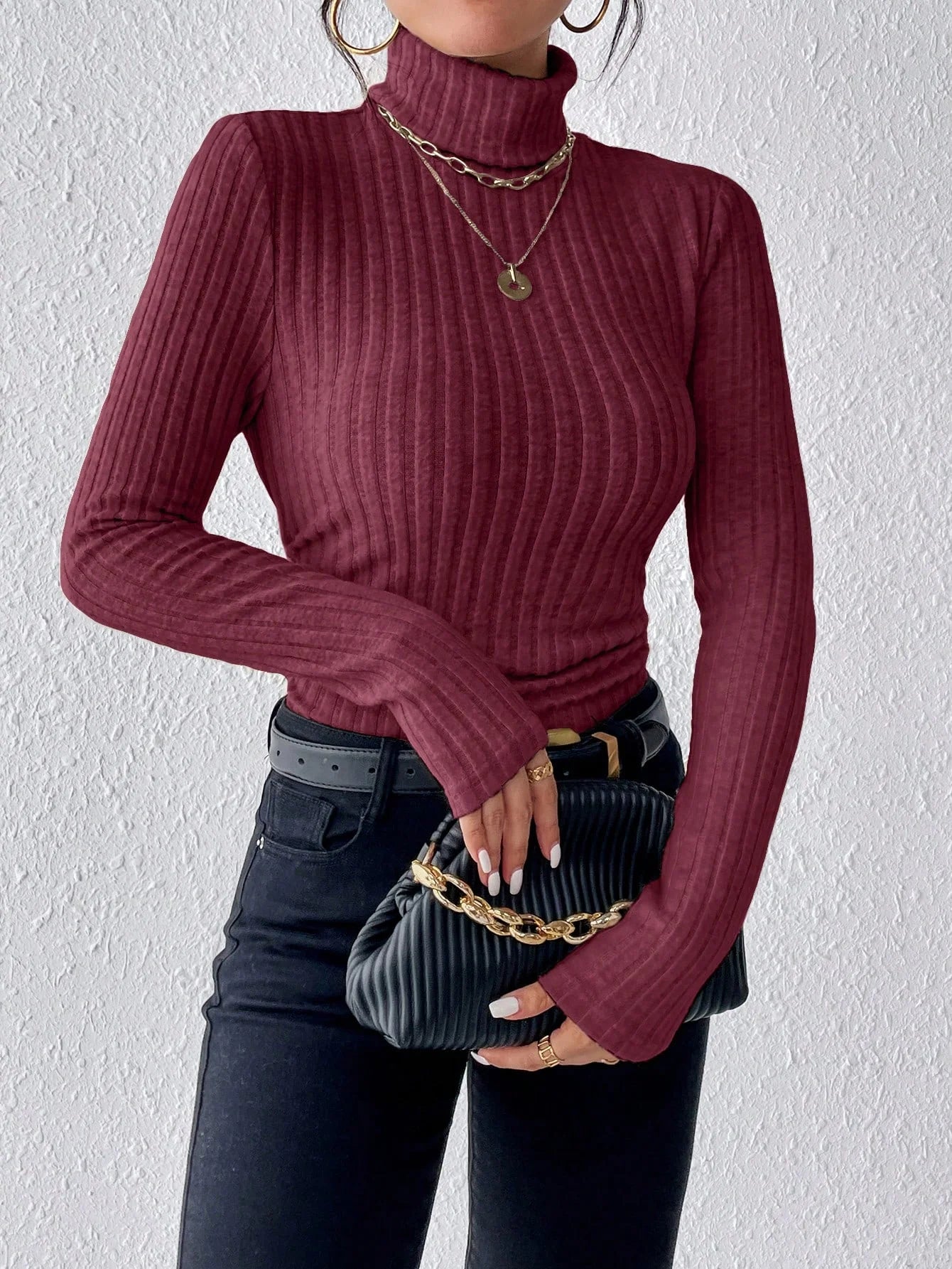 Élégant solide basique tricoté hauts nouvelles femmes col roulé pull à manches longues décontracté mince pull mode Simple Style Design
