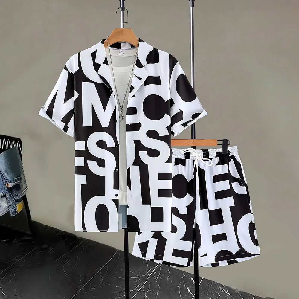 Chemises boutonnées pour hommes, ensemble 2 pièces avec cordon de serrage à la taille, chemise grande taille avec lettres imprimées, short décontracté avec poches, vêtements de vacances