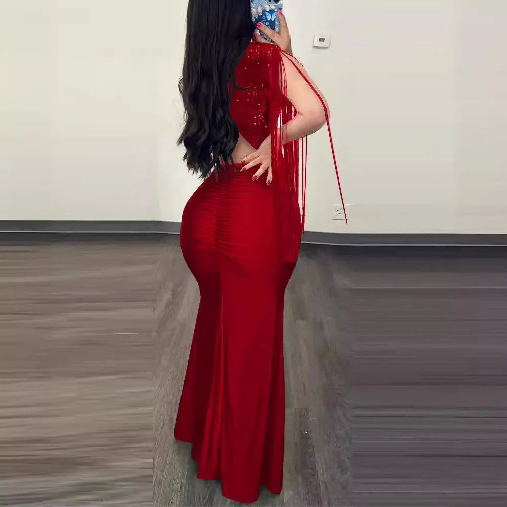 Robe de soirée plissée à col rond pour femme, robe sexy enveloppée de perles, manches frangées, mode