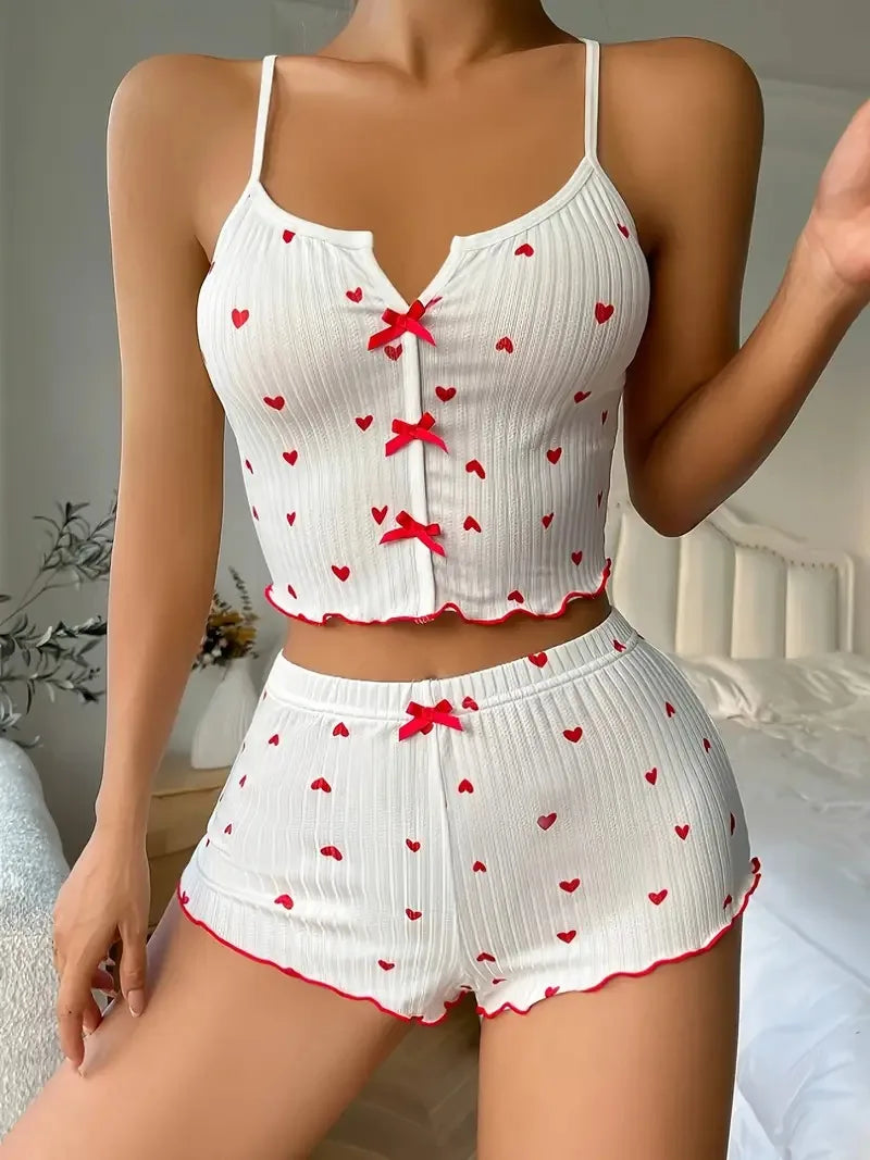 Ensemble pyjama pour femmes, vêtements de nuit, imprimé cœur, tissu côtelé doux avec garniture à volants, haut et short décontractés, vêtements de détente