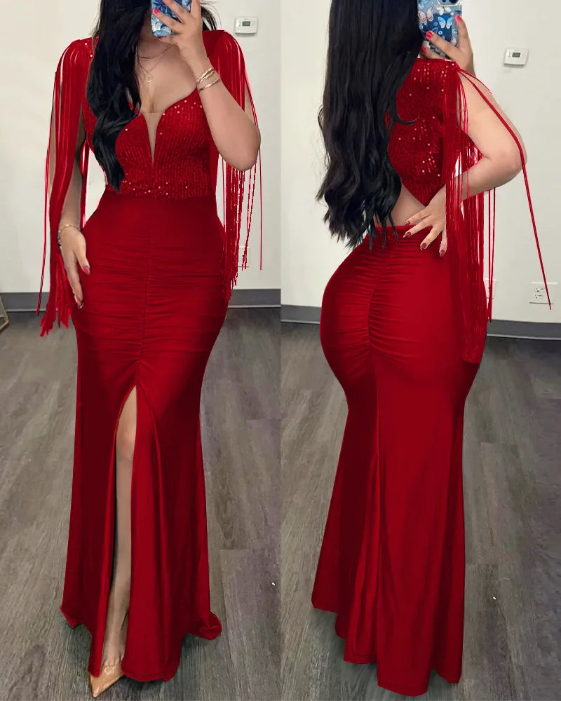 Robe de soirée plissée à col rond pour femme, robe sexy enveloppée de perles, manches frangées, mode