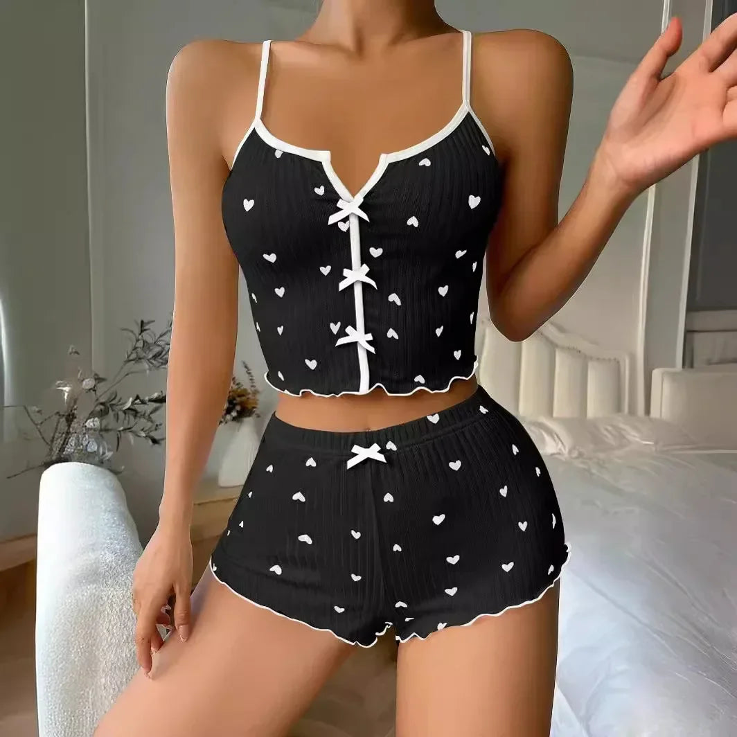 Ensemble pyjama pour femmes, vêtements de nuit, imprimé cœur, tissu côtelé doux avec garniture à volants, haut et short décontractés, vêtements de détente