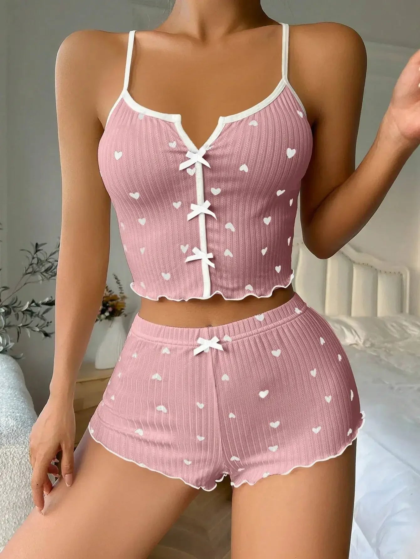 Ensemble pyjama pour femmes, vêtements de nuit, imprimé cœur, tissu côtelé doux avec garniture à volants, haut et short décontractés, vêtements de détente