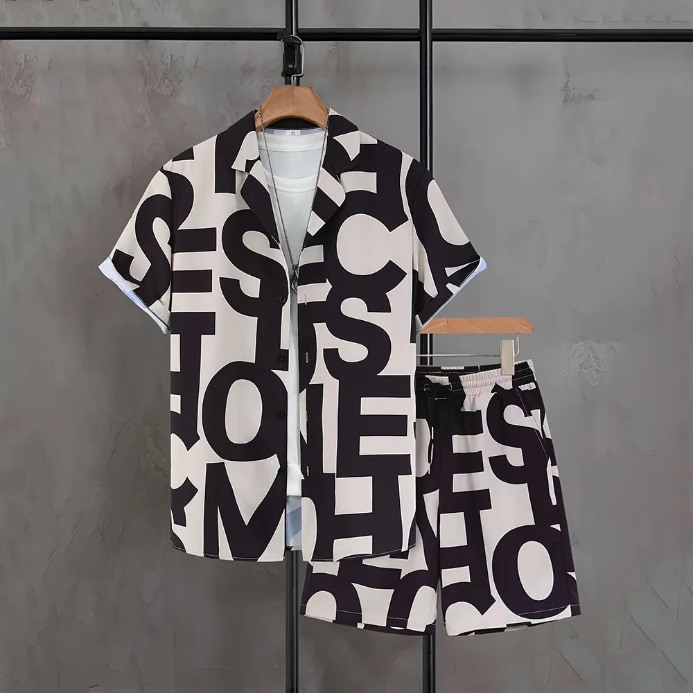 Chemises boutonnées pour hommes, ensemble 2 pièces avec cordon de serrage à la taille, chemise grande taille avec lettres imprimées, short décontracté avec poches, vêtements de vacances