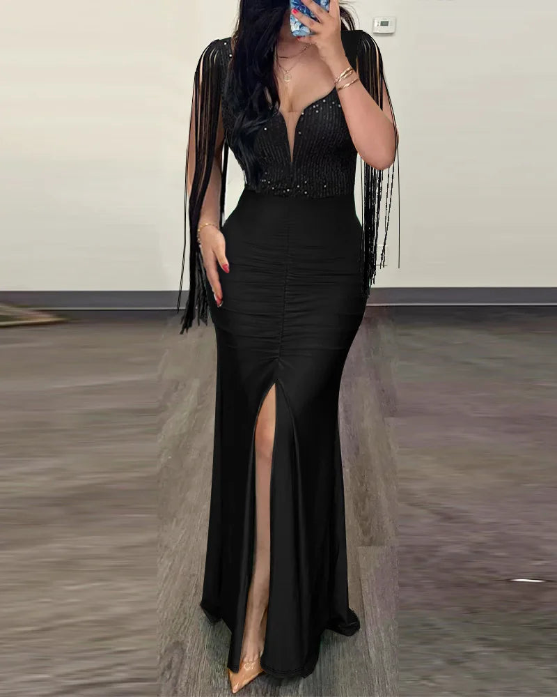Robe de soirée plissée à col rond pour femme, robe sexy enveloppée de perles, manches frangées, mode