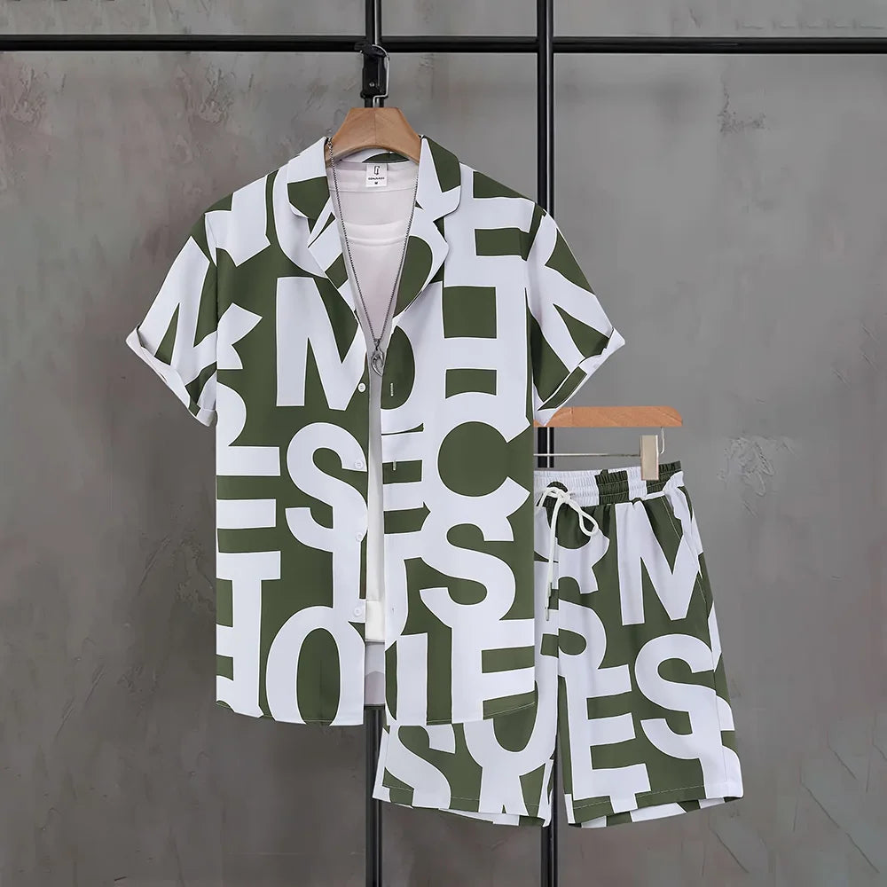 Chemises boutonnées pour hommes, ensemble 2 pièces avec cordon de serrage à la taille, chemise grande taille avec lettres imprimées, short décontracté avec poches, vêtements de vacances