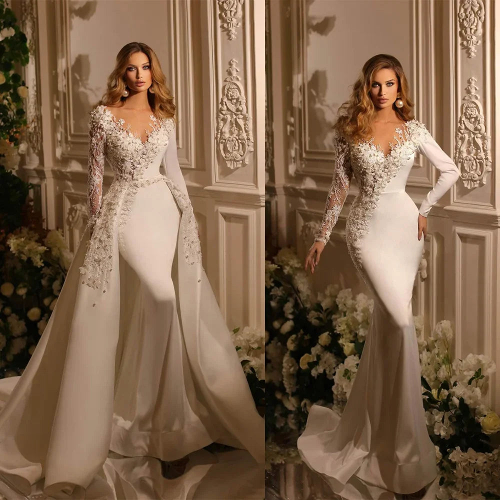 Flavinke-Robe de Mariée Sirène Personnalisée, Col en V, Manches sulf, Perles Brodées, Poignées Détachables, Surjupes, 2025