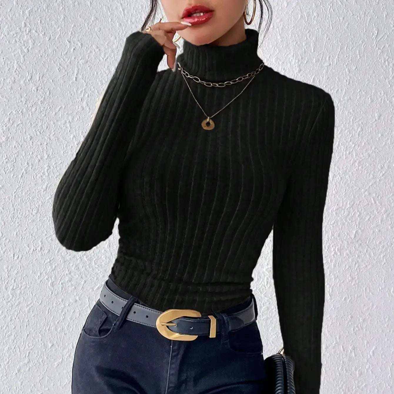 Élégant solide basique tricoté hauts nouvelles femmes col roulé pull à manches longues décontracté mince pull mode Simple Style Design