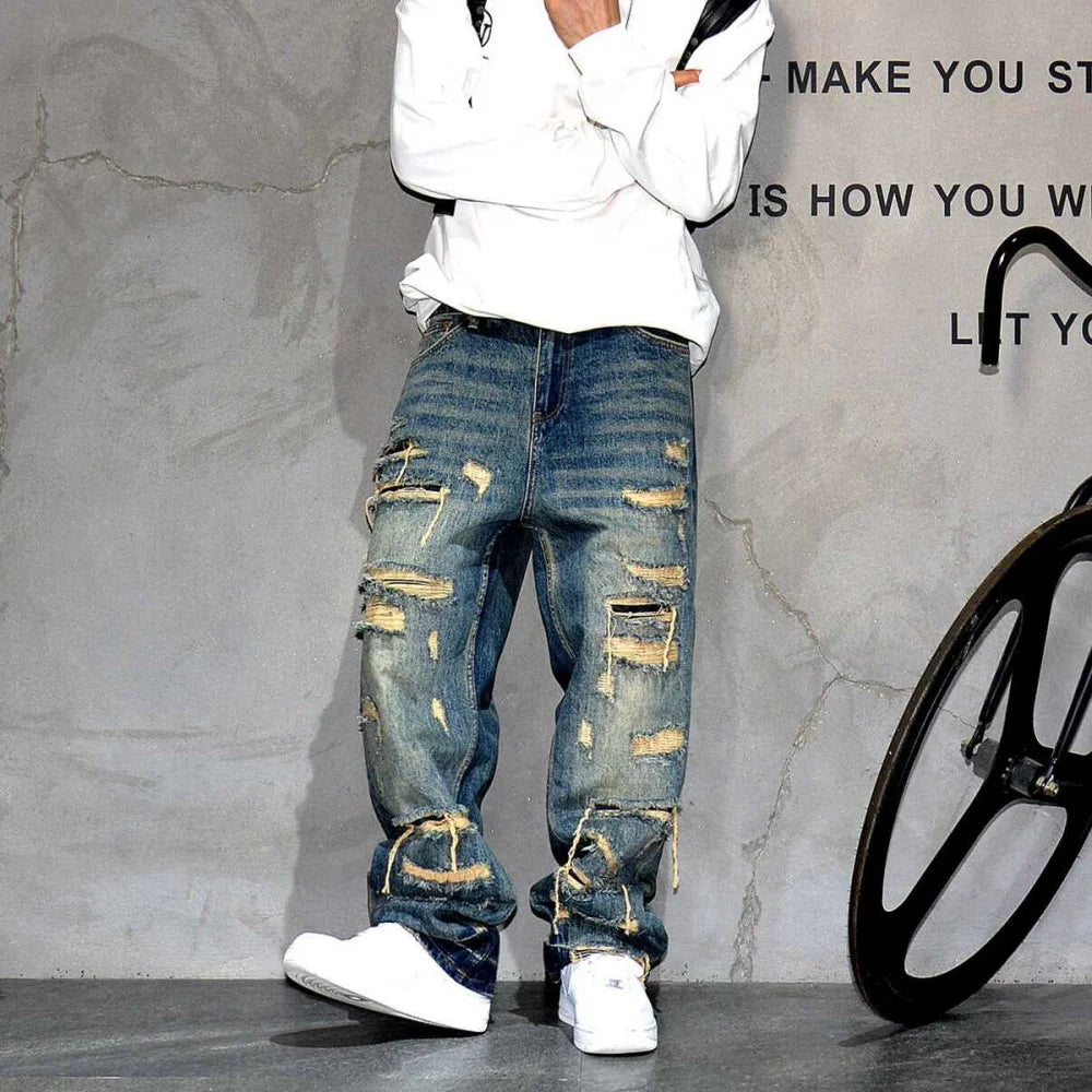 Jean Baggy déchiré pour hommes, Denim en détresse, Streetwear, pantalon de Skateboard, jambe droite, Patchwork, surdimensionné, mode urbaine, vêtements de travail