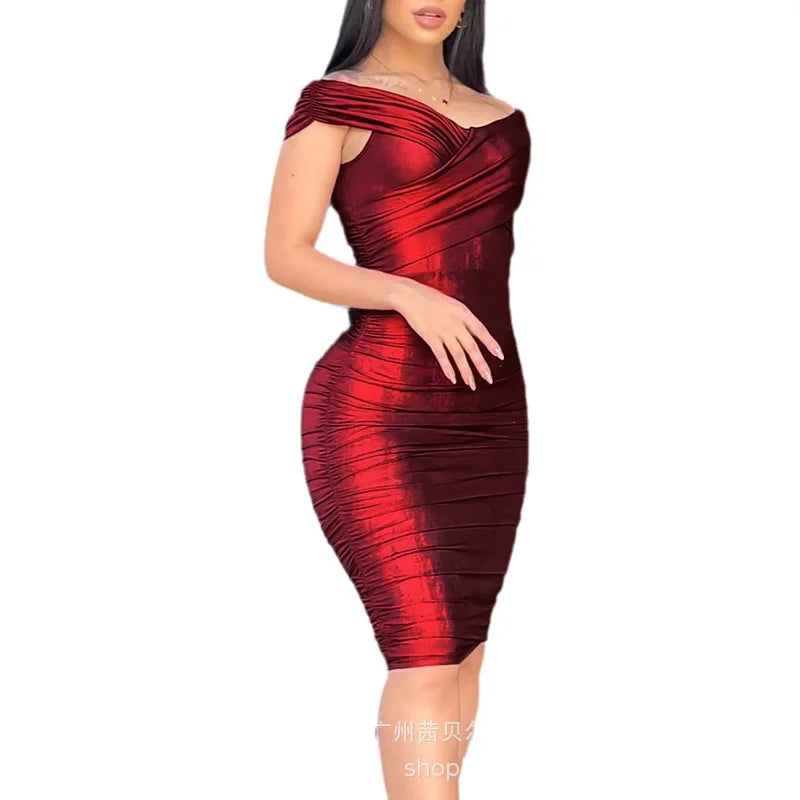 Robe fourreau plissée sexy pour femme, robe mi-longue,