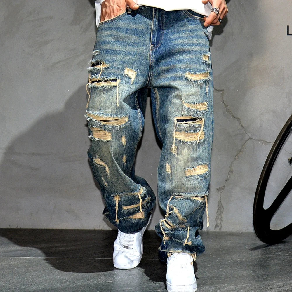 Jean Baggy déchiré pour hommes, Denim en détresse, Streetwear, pantalon de Skateboard, jambe droite, Patchwork, surdimensionné, mode urbaine, vêtements de travail