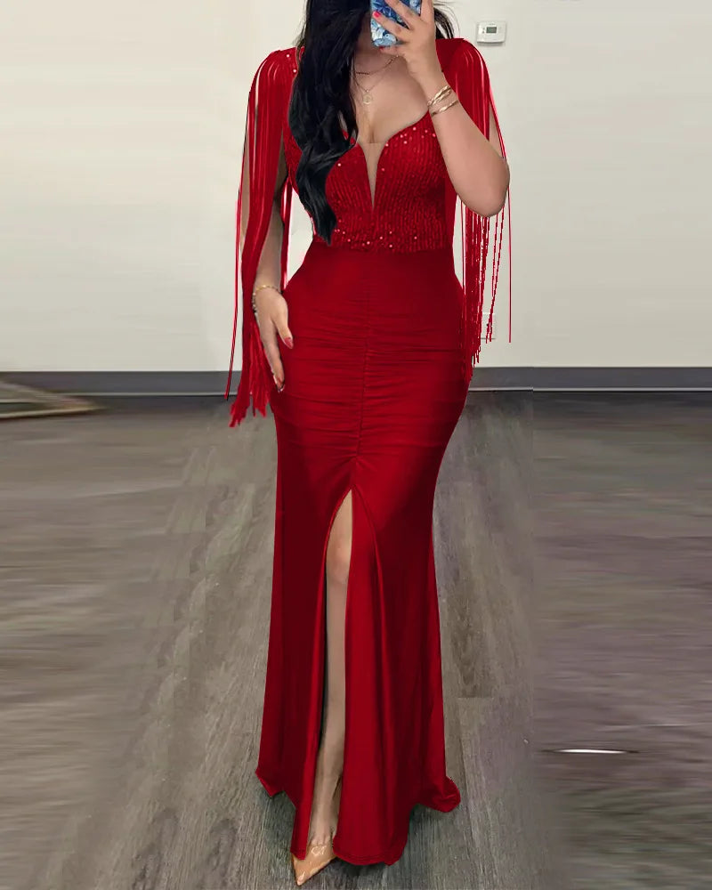 Robe de soirée plissée à col rond pour femme, robe sexy enveloppée de perles, manches frangées, mode