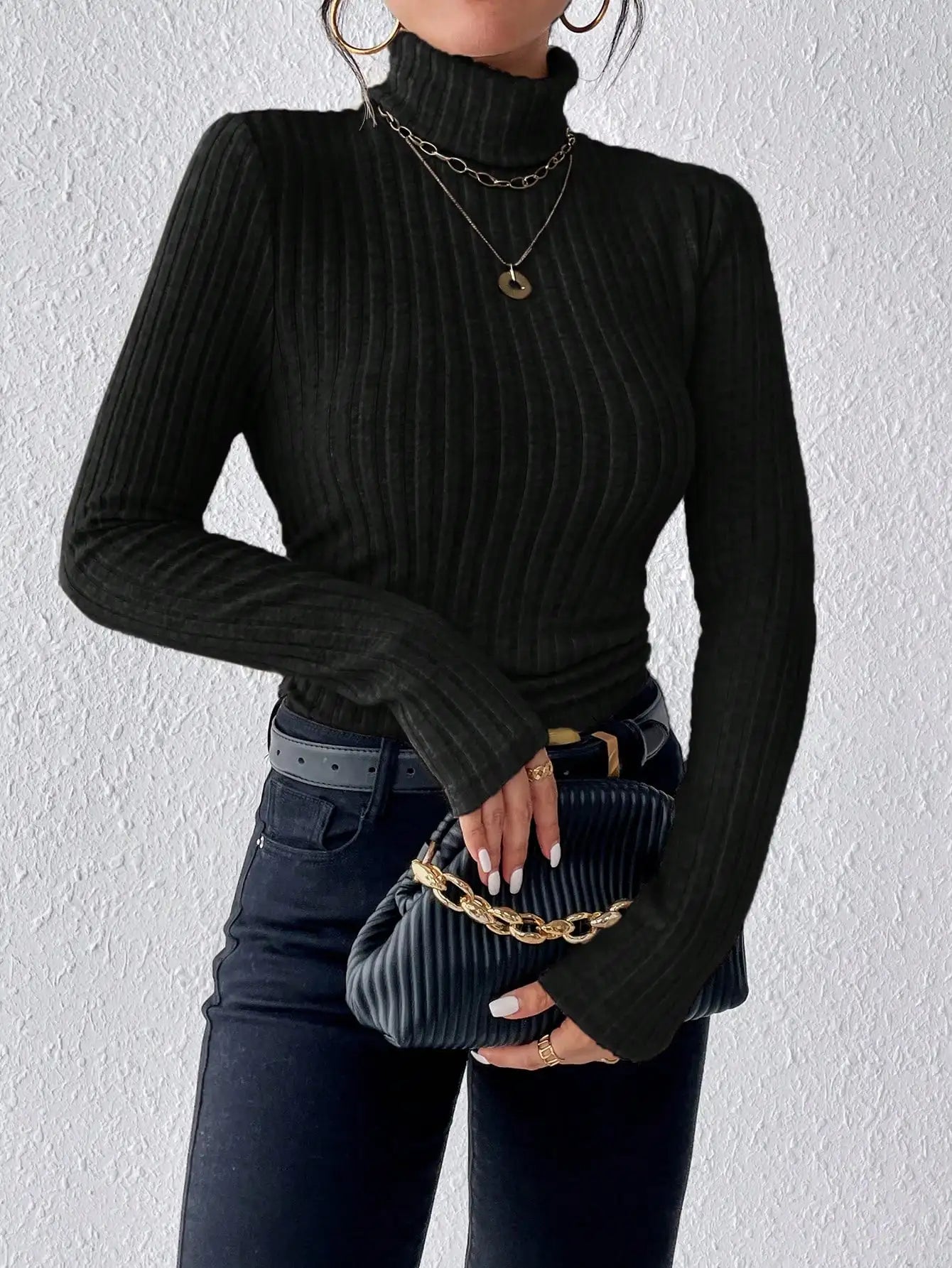Élégant solide basique tricoté hauts nouvelles femmes col roulé pull à manches longues décontracté mince pull mode Simple Style Design