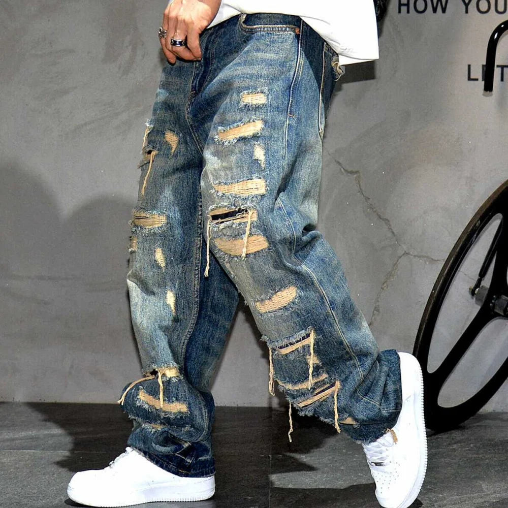 Jean Baggy déchiré pour hommes, Denim en détresse, Streetwear, pantalon de Skateboard, jambe droite, Patchwork, surdimensionné, mode urbaine, vêtements de travail