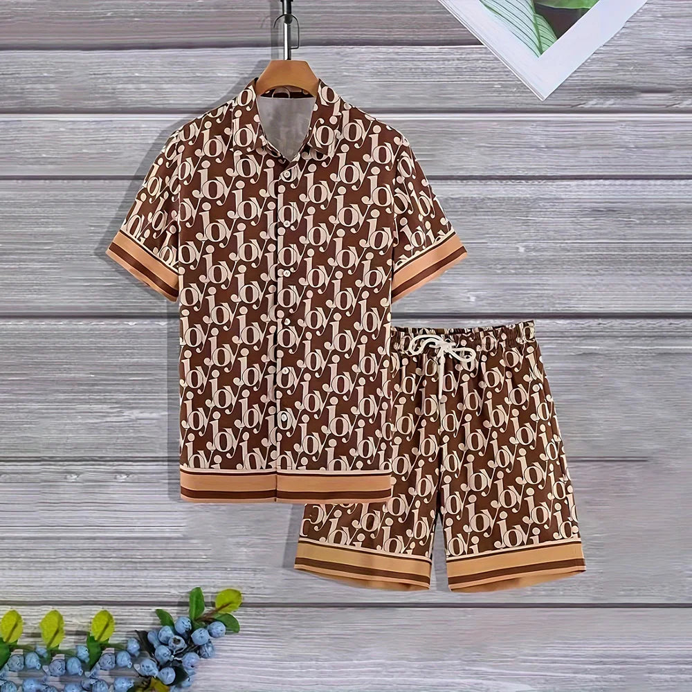 Chemises boutonnées pour hommes, ensemble 2 pièces avec cordon de serrage à la taille, chemise grande taille avec lettres imprimées, short décontracté avec poches, vêtements de vacances
