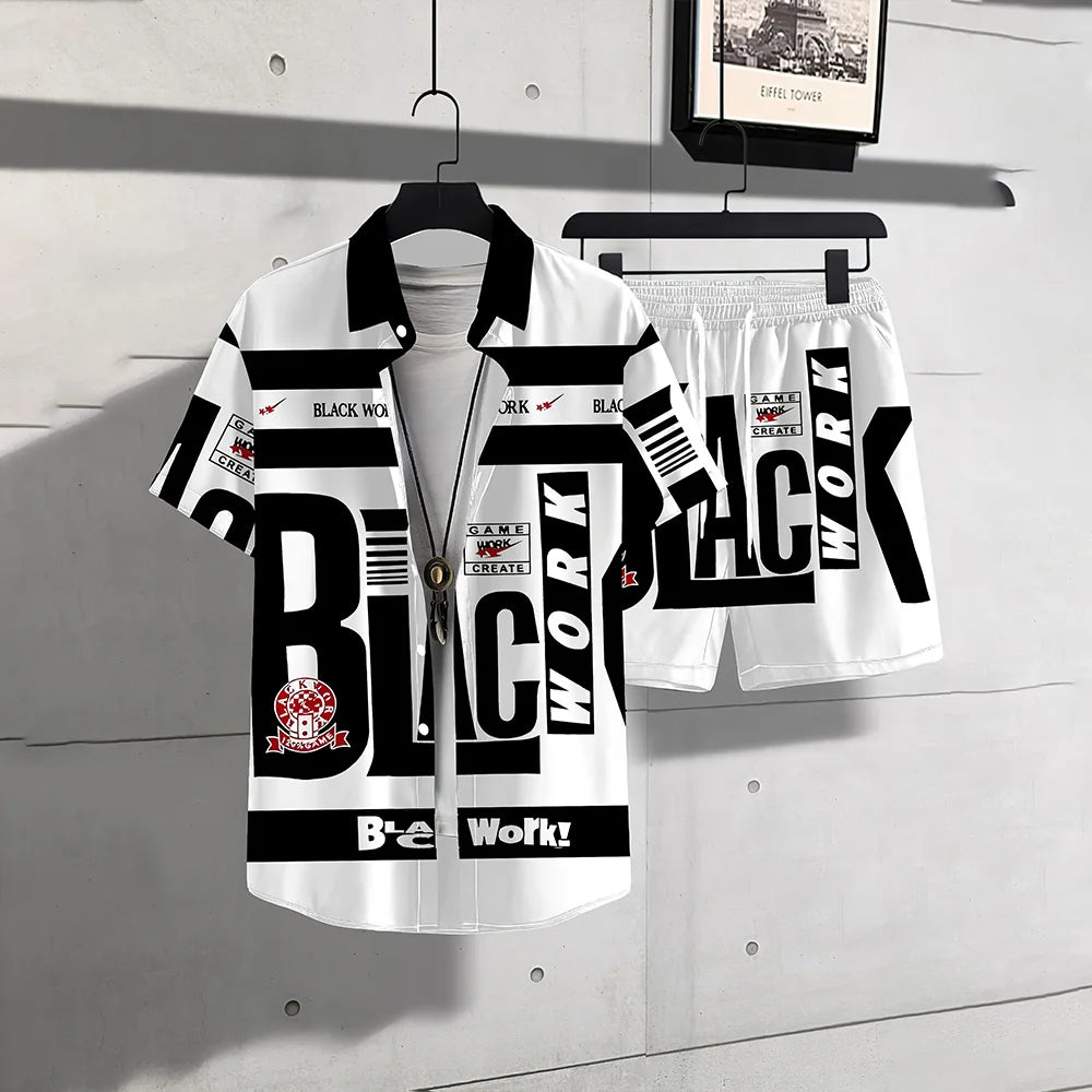 Chemises boutonnées pour hommes, ensemble 2 pièces avec cordon de serrage à la taille, chemise grande taille avec lettres imprimées, short décontracté avec poches, vêtements de vacances