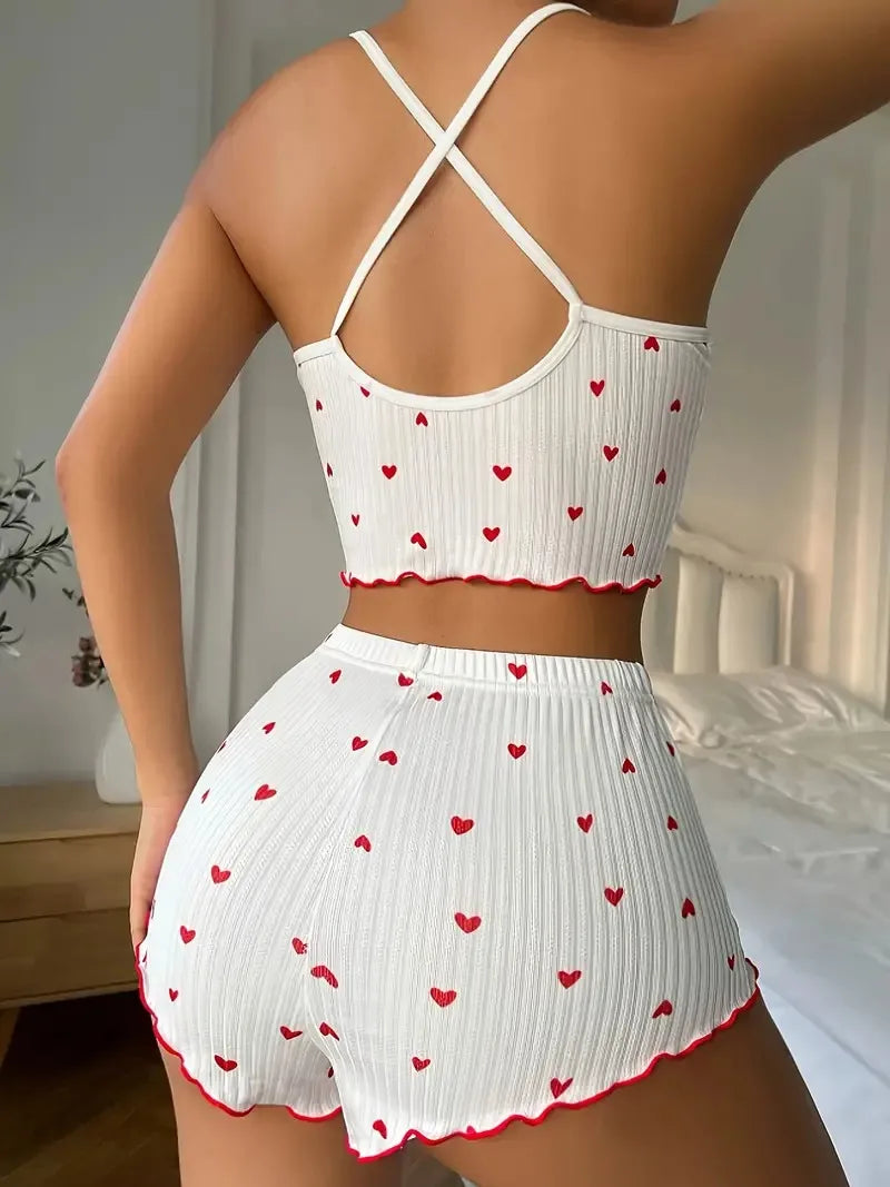 Ensemble pyjama pour femmes, vêtements de nuit, imprimé cœur, tissu côtelé doux avec garniture à volants, haut et short décontractés, vêtements de détente
