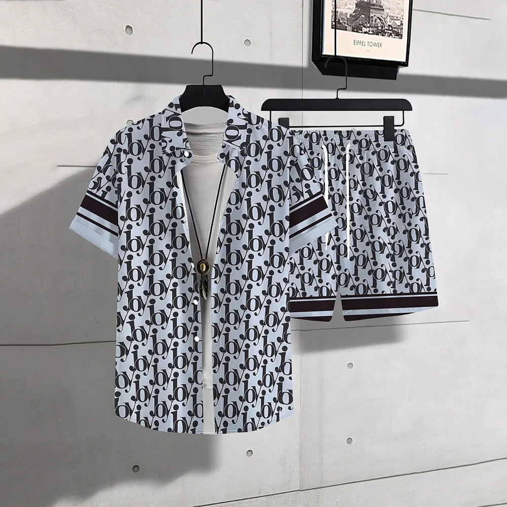 Chemises boutonnées pour hommes, ensemble 2 pièces avec cordon de serrage à la taille, chemise grande taille avec lettres imprimées, short décontracté avec poches, vêtements de vacances