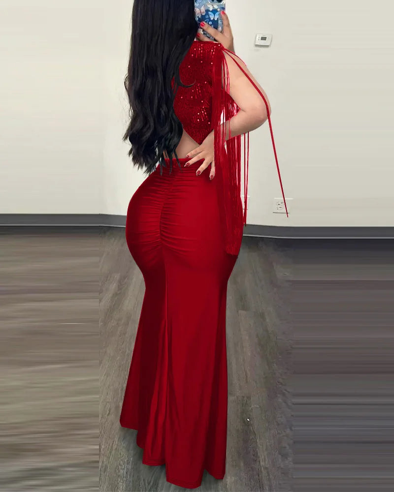 Robe de soirée plissée à col rond pour femme, robe sexy enveloppée de perles, manches frangées, mode