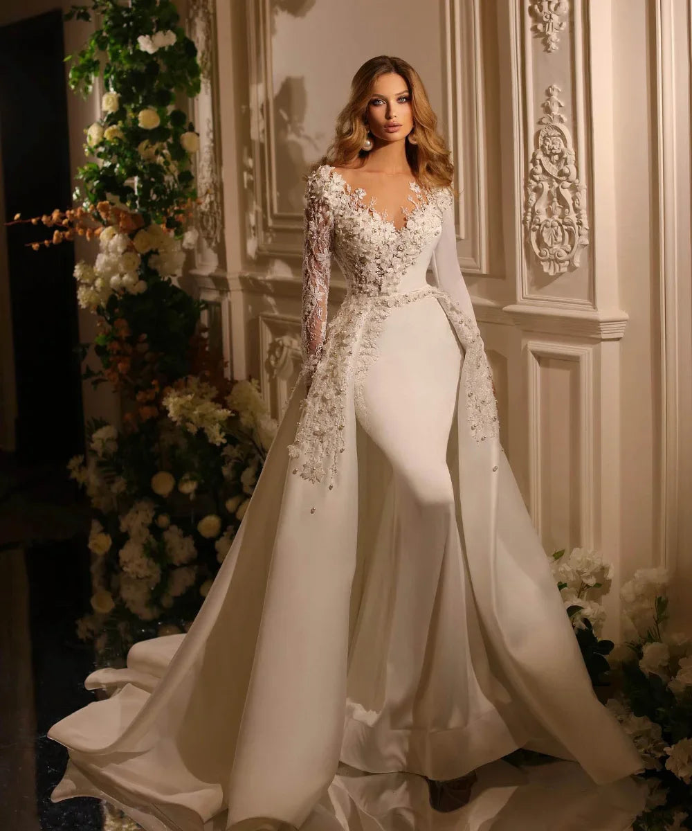 Flavinke-Robe de Mariée Sirène Personnalisée, Col en V, Manches sulf, Perles Brodées, Poignées Détachables, Surjupes, 2025