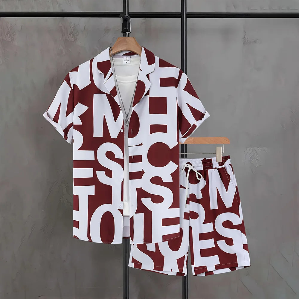 Chemises boutonnées pour hommes, ensemble 2 pièces avec cordon de serrage à la taille, chemise grande taille avec lettres imprimées, short décontracté avec poches, vêtements de vacances