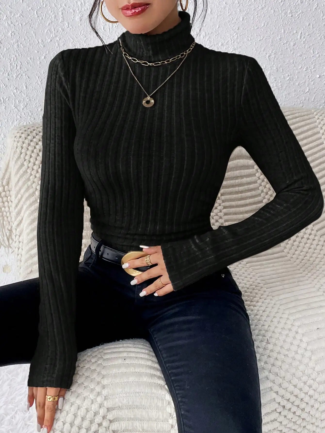 Élégant solide basique tricoté hauts nouvelles femmes col roulé pull à manches longues décontracté mince pull mode Simple Style Design