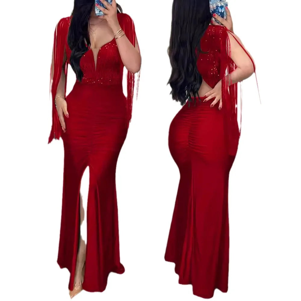 Robe de soirée plissée à col rond pour femme, robe sexy enveloppée de perles, manches frangées, mode