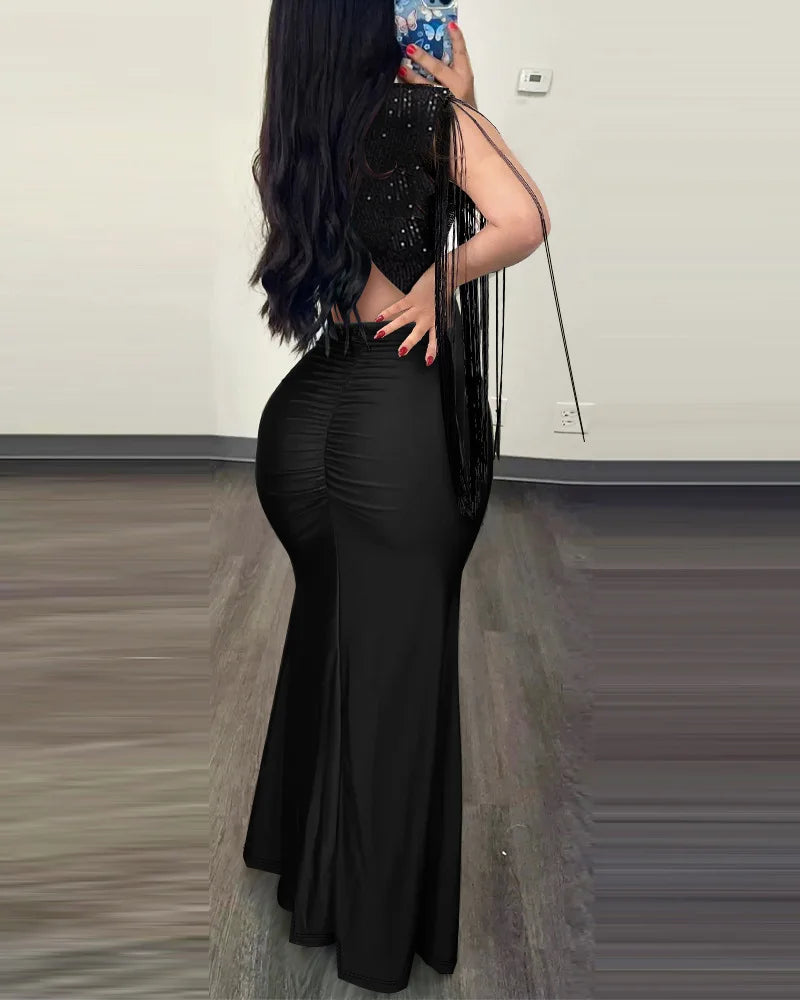 Robe de soirée plissée à col rond pour femme, robe sexy enveloppée de perles, manches frangées, mode